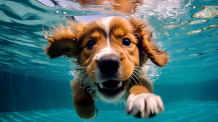 An adorable photo of a puppy confidently swimming in a pool, showcasing its natural aquatic abilities and the joy it finds in the water Generative AI - obrazy, fototapety, plakaty