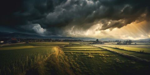 a turbulent stormy sky embraces a tranquil countryside, intertwining drama and peace in a single captivating moment. Generative AI  