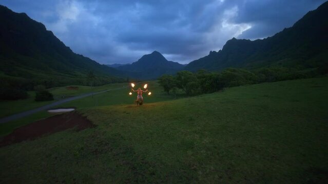 Drone Shot Of Fire Knife Dancer In Hawaii
