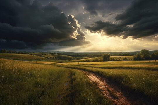 a stormy sky casts its shadows upon a peaceful countryside, evoking a sense of both awe and serenity. Generative AI  