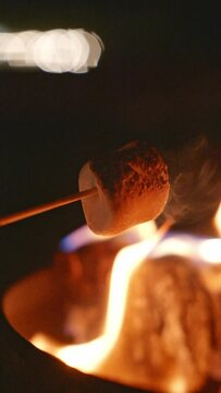 Closeup of a marshmallow being cooked on a campfire at night.