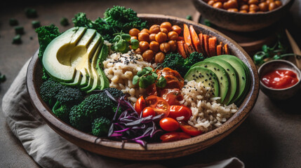 Fototapeta na wymiar A colorful Buddha bowl filled with a variety of fresh vegetables and plant-based protein sources