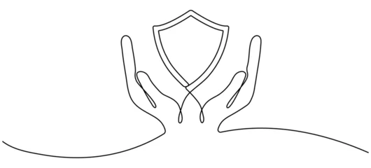 Fototapete Eine Linie Hands holding shield badge continuous one line drawing. Guard protect linear symbol. Vector illustration isolated on white.