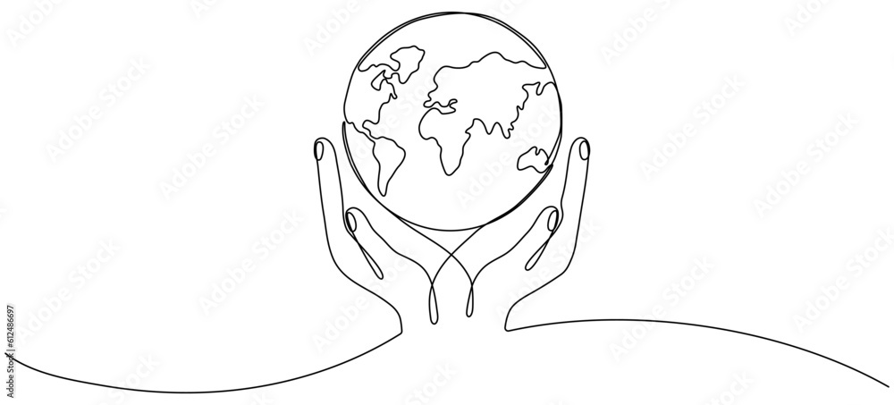 Poster hands hold earth globe continuous one line art drawing. save and protect planet linear concept. vect