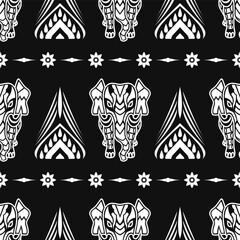 vector contemporary white thai elephant style seamless pattern on black