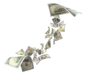 Flying 100 American dollars banknotes, cut out