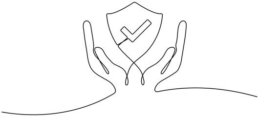 Hands holding shield badge continuous line drawing. Approval check guard symbol. Vector illustration isolated on white.
