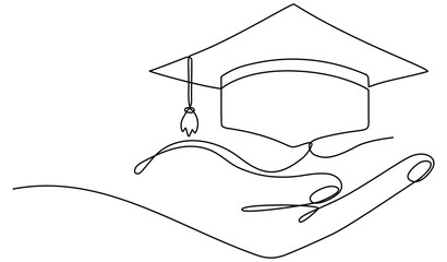 Hand holding graduation hat continuous one line drawn. Education hat in arm line art. Vector illustration isolated on white.