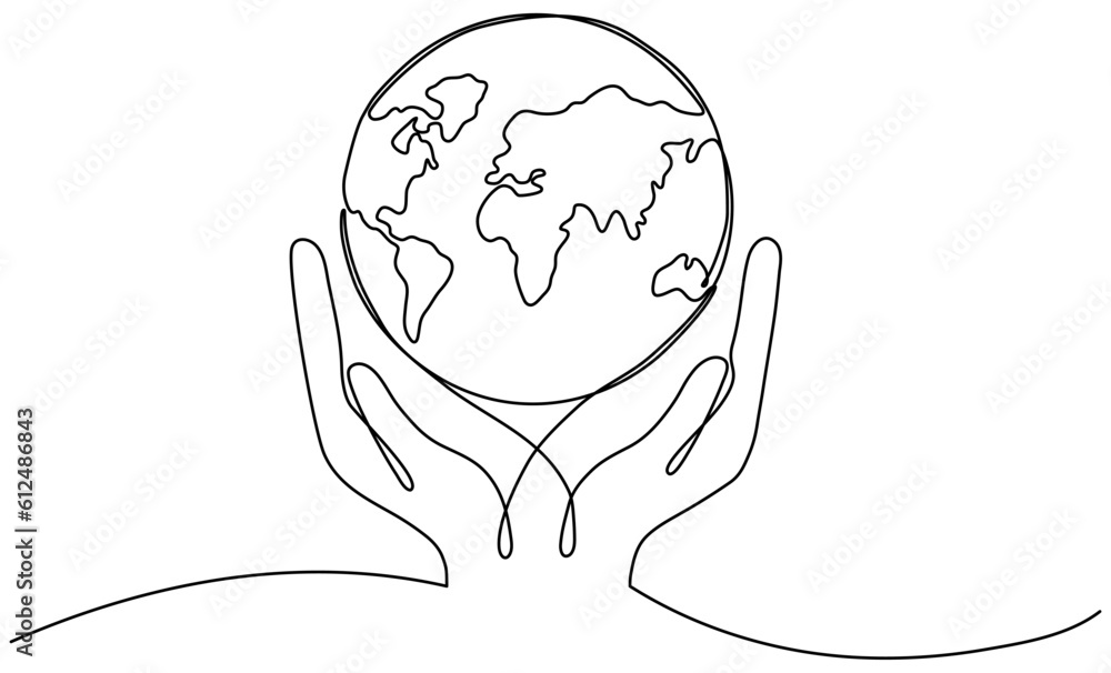 Poster continuous one line art drawing hands hold earth globe. save and protect planet linear concept. vect