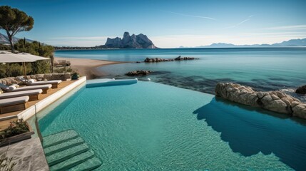 Villa on the island of Sardinia or Capri, with luxurious amenities, private beach access, and panoramic views of the crystal clear waters