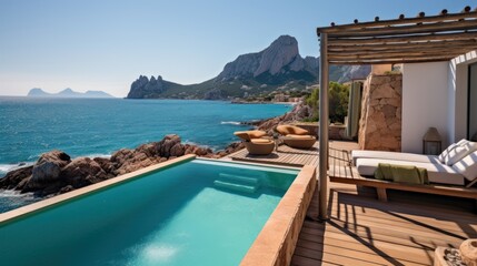 Villa on the island of Sardinia or Capri, with luxurious amenities, private beach access, and panoramic views of the crystal clear waters - obrazy, fototapety, plakaty