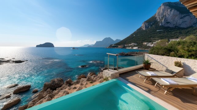 Villa on the island of Sardinia or Capri, with luxurious amenities, private beach access, and panoramic views of the crystal clear waters