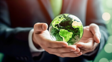 Hands of a businessman in a suit holding a green planet earth ball. Business concept, green planet, sustainable, renewable energy, recycling and environmental care.