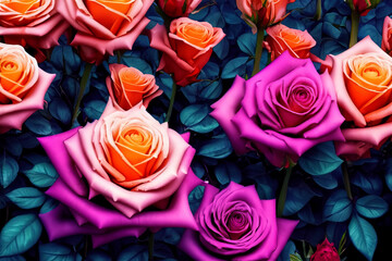 Multicolored roses in the garden. 3D rendering image. Created with AI.