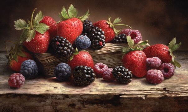  a painting of a basket full of raspberries and blackberries on a wooden table with green leaves and berries on the side of the basket.  generative ai