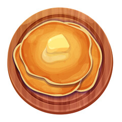 Pancakes stack with butter top view in wooden plate in cartoon style isolated on white background. Circle dessert, breakfast. 