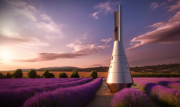  a tall tower sitting in the middle of a field of lavender flowers at sunset with a pink sky in the background and a purple field of lavender flowers in the foreground.  generative ai