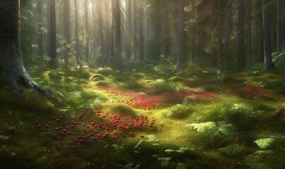 a painting of a forest with red flowers in the foreground and a sunbeam in the background with trees and grass in the foreground.  generative ai