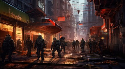 Group of rebels fighting against oppressive forces in a gritty, dystopian cyberpunk world, utilizing advanced weaponry and hacking skills