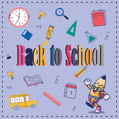 Back to school board with school supplies on purple background