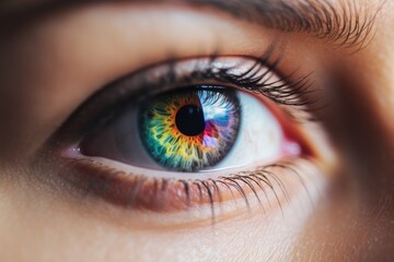 Fototapeta premium Closeup shot of human eye with colorful pupil. Vivid rainbow eye.