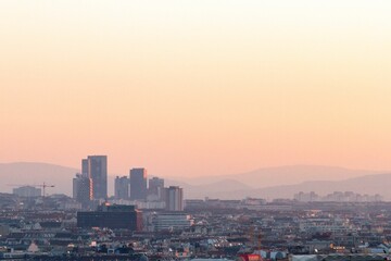 Fototapeta premium Buildings at Wienerberg in Vienna at scenic sunset, Austria