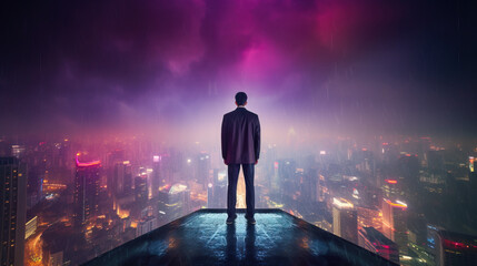 Fototapeta na wymiar A businessman in a suit stands on top of a skyscraper on a blurred cyberpunk futuristic city panorama background with bright neon lights and stormic clouds. Photorealistic Generative AI illustration.