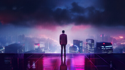 Fototapeta na wymiar A businessman in a suit stands on top of a skyscraper on a blurred cyberpunk futuristic city panorama background with bright neon lights and stormic clouds. Photorealistic Generative AI illustration.