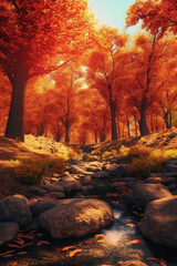 Experience the magic of autumn's embrace as trees don their vibrant attire, showcasing a stunning array of red, orange, and yellow shades that ignite the scenery. Generative AI  