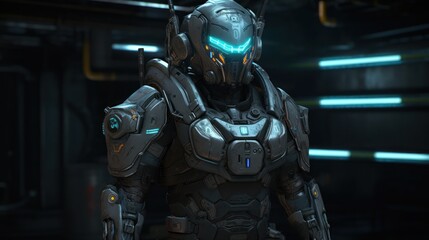 Fototapeta premium Illustrate a rugged cybernetic mercenary equipped with advanced weaponry, augmented limbs, and a sleek exosuit, ready for a high risk mission in a cyberpunk city