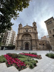 Flowerbeds of incredibly delicate flowers decorate the streets of the big city with a wonderful historic building visible from behind