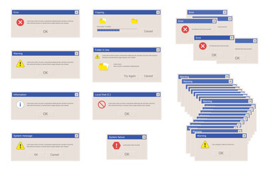 Critical error. System message screen old style. Virus popup icon. Vector pc alert. Vector illustration