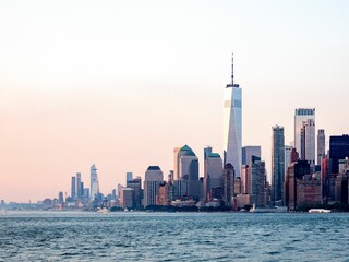 Fototapeta na wymiar Aerial skyline of Manhattan in New York City, United States during pink sunset