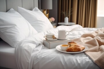 Fototapeta na wymiar hotel room in light colors. breakfast in bed. room service. vip. romantic. relax. AI generated