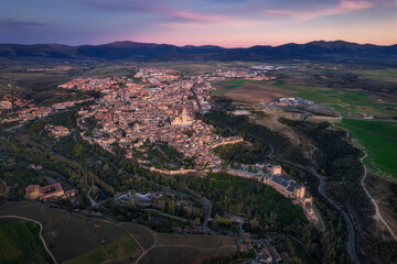 Aerial view of Segovia city skyline at dusk, Spain