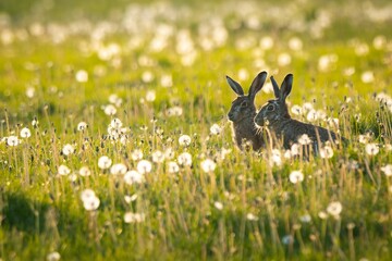 Scenic view of two hare rabbits found sitting in an open field on a sunny day © Marko Hoops Photography/Wirestock Creators