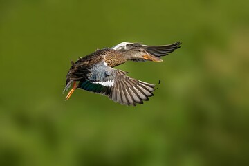 Shoveler duck flying in blurred background