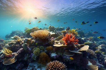 Dive into a vibrant coral reef teeming with marine life, where colorful fish dart among coral formations. Discover the beauty and fragility of underwater ecosystems.