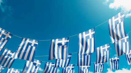 Flags of Greece against the sky, flags hanging vertically