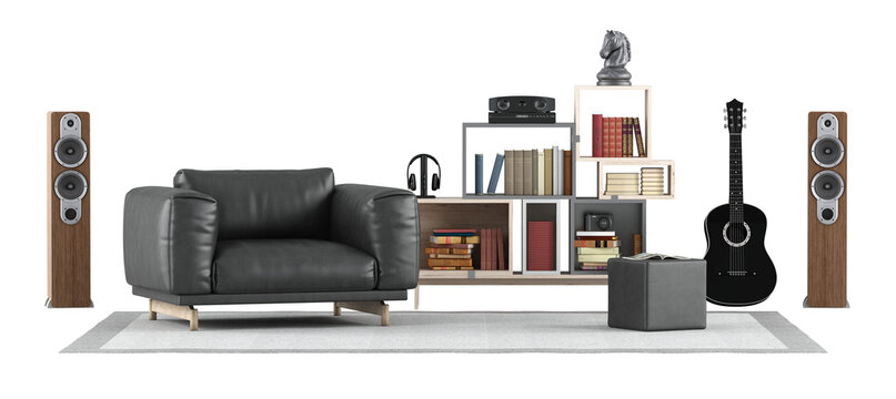 Furniture set of a room for listening to music with black armchair and bookshelf isolated on white background 3d - rendering