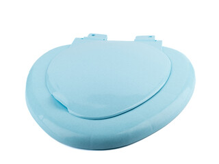 Blue toilet seat with a closed lid on a white background.
