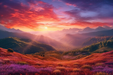 Fototapeta premium Nature's canvas comes alive as a vibrant sunrise illuminates the rolling hills, immersing the landscape in a breathtaking tapestry of colors. Generative AI 