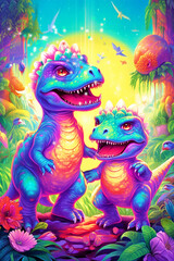 Colorful Fantasy Dinosaur Valley Illustration, Dinosaurs in a Fairytale multicolor Landscape, Generative AI