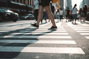 People legs crossing the pedestrian crossing in New York city