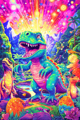 Obraz na płótnie Canvas Colorful Fantasy Dinosaur Valley Illustration, Dinosaurs in a Fairytale multicolor Landscape, Generative AI