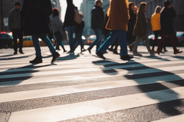 People legs crossing the pedestrian crossing in New York city - obrazy, fototapety, plakaty