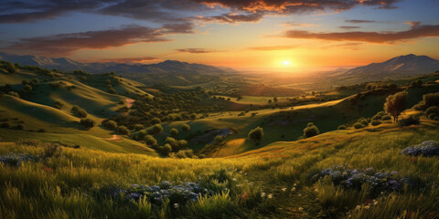 Fototapeta na wymiar A breathtaking landscape capturing the essence of a vibrant sunrise over rolling hills. Generative AI 