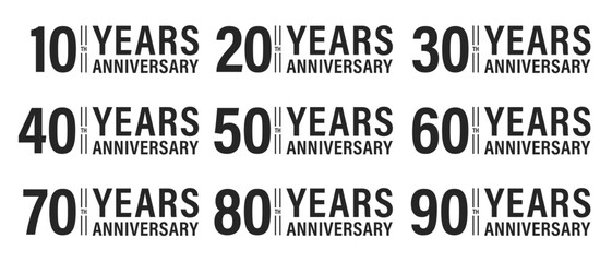 Anniversary icon set. Anniversary symbols isolated on white background. 10,20,30,40,50,60,70,80,90 years old. Template for postcards and congratulations. Vector illustration