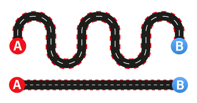The concept of a plan with an easy route A, a difficult option B and a real life way. Expectation and reality. Vector map of isolated straight path and difficult tangled road. Vector illustration