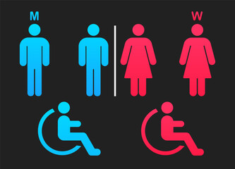 Toilet sign. Vector men and women WC. Minimalist restroom area. Toilet door plate icons set. Men and women WC sign for restroom. Bathroom plate. Vector illustration